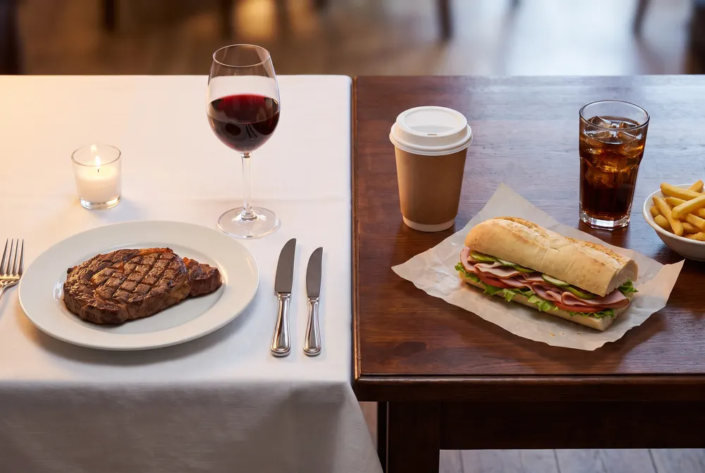 Generated scene: two tables edge to edge, a steak dinner with red wine on a white cloth beside a deli sandwich, coffee, cola and fries on dark wood.